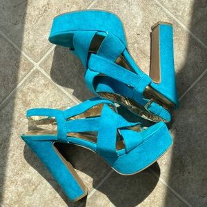 Mossino Turquoise Suede Platform Sandals Heels Size 8